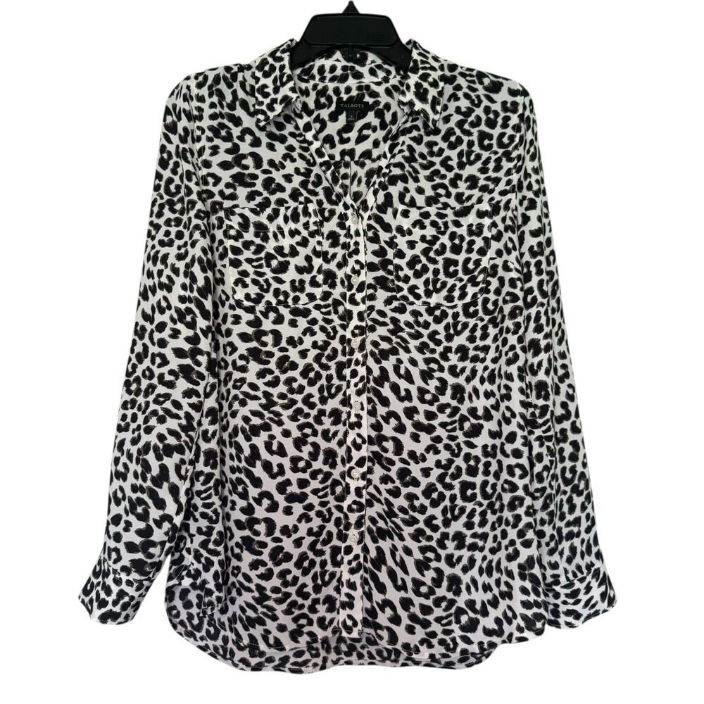 TALBOTS women's size small S animal print roll tab sleeve button up blouse top